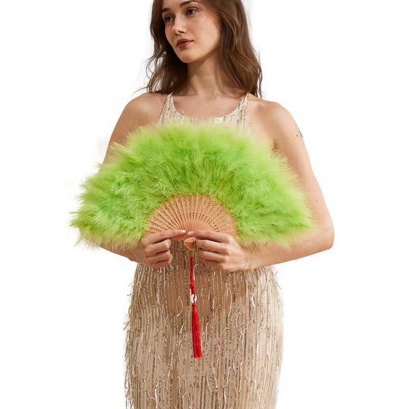 Happy Feather Handheld Marabou Feather Fan, 1920s Vintage Style Flapper Hand Fan for Costume Party and Dancing-Green - Image 1